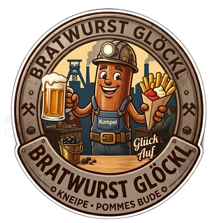 Bratwurst Glöck'l – Logo mit Kumpel-Maskottchen, Bier und Pommes